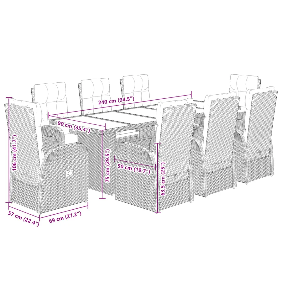 Ensemble à manger de jardin 9pcs coussins noir résine tressée - 7