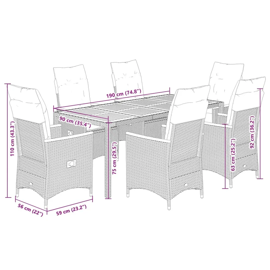 Ensemble à manger de jardin et coussins 7 pcs gris rotin - 7