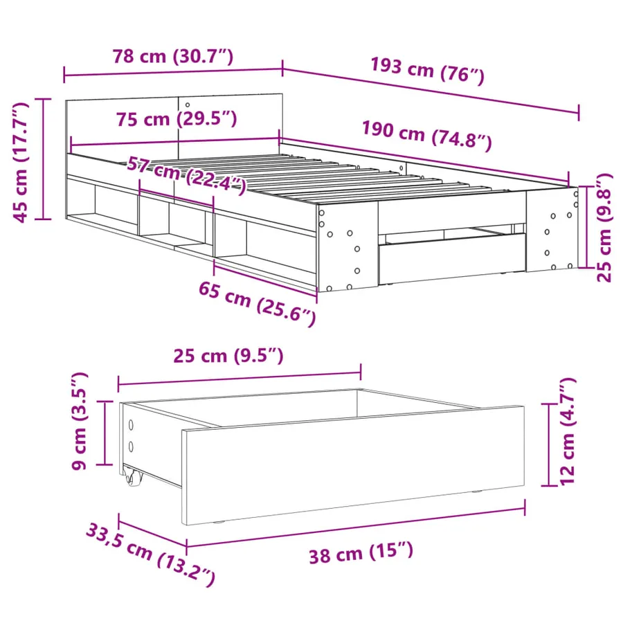 Cadre de lit avec tiroir sans matelas chêne sonoma 75x190 cm - 10