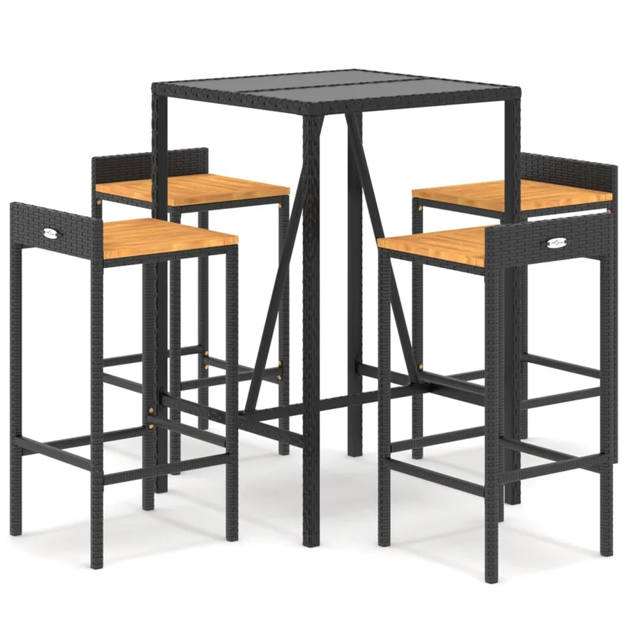 Ensemble de bar jardin 5 pcs noir poly rotin/bois massif acacia - 2
