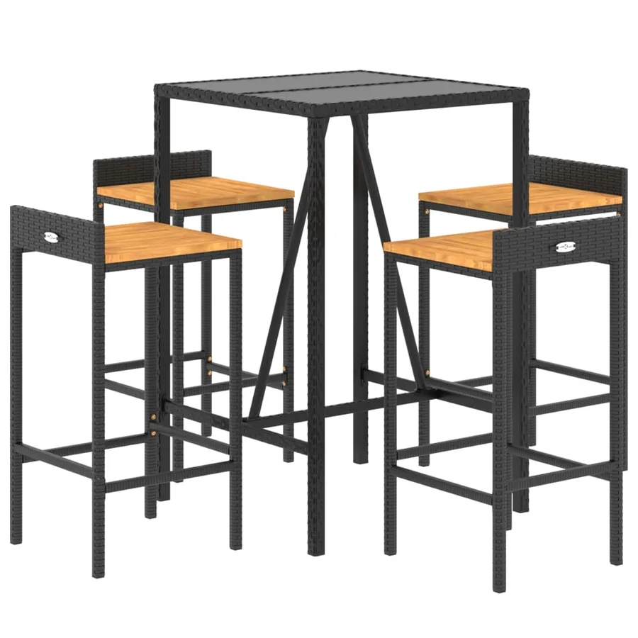 Ensemble de bar jardin 5 pcs noir poly rotin/bois massif acacia - 3