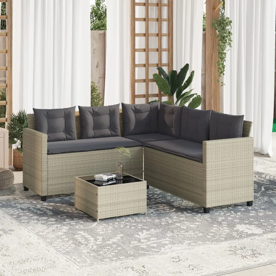 Canapé de jardin et table et coussins en forme de L gris clair - 3
