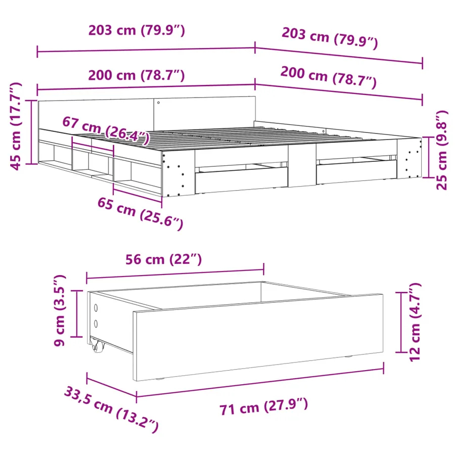Cadre de lit avec tiroirs sans matelas noir 200x200 cm - 10