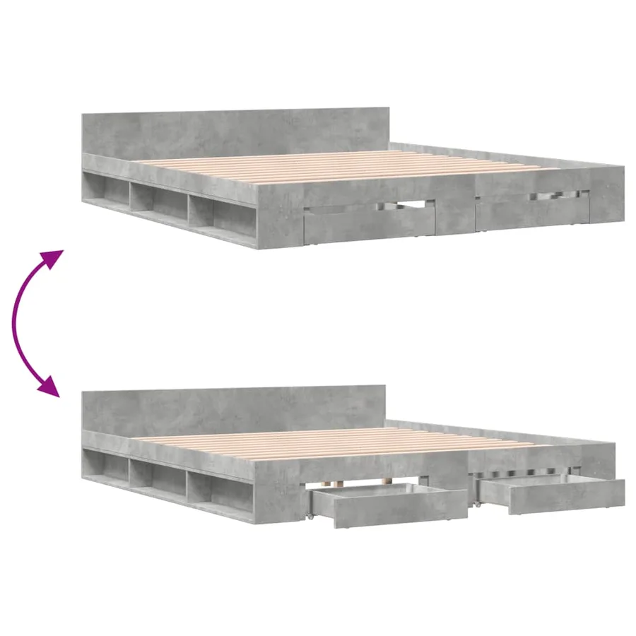 Cadre de lit avec tiroirs sans matelas gris béton 200x200 cm - 7
