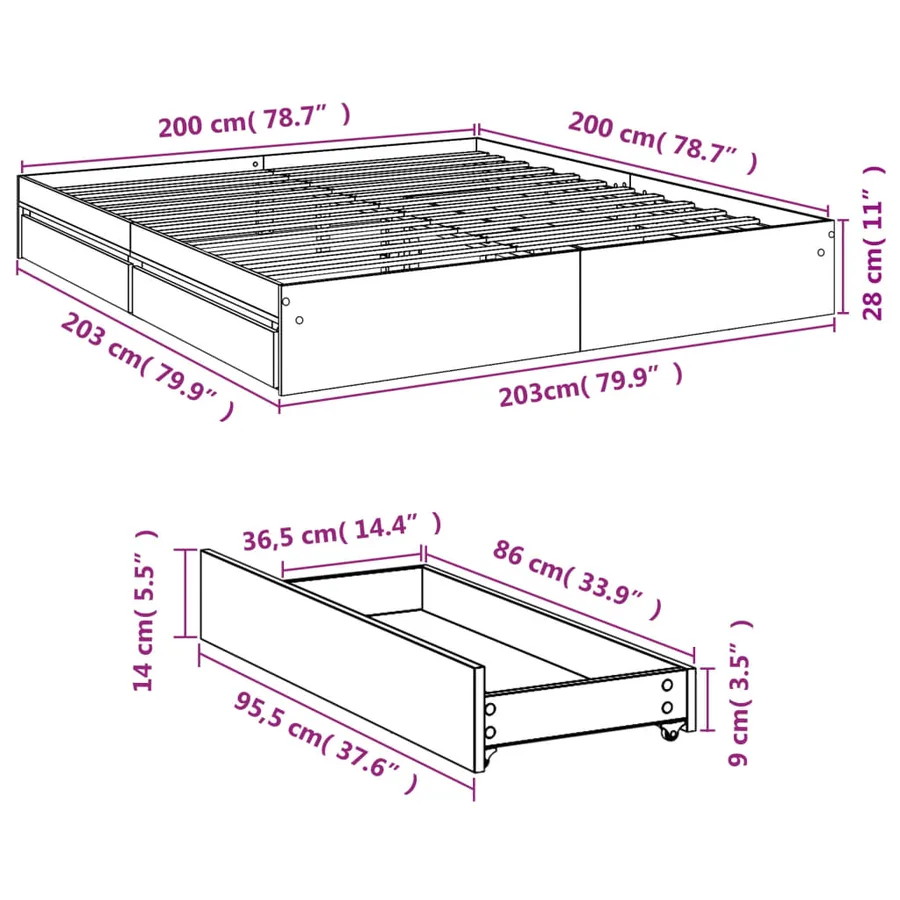 Cadre de lit avec tiroirs sans matelas noir 200x200 cm - 10