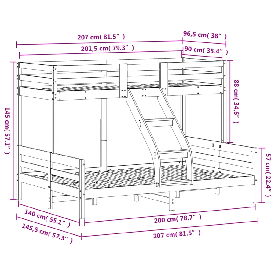 Lit superposé sans matelas 90x200/140x200 cm blanc bois massif - 9