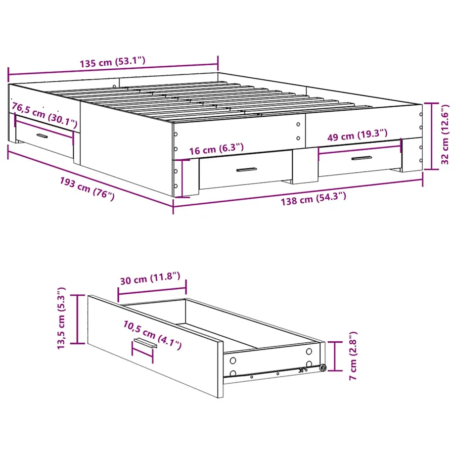 Cadre de lit avec tiroirs sans matelas sonoma gris 135x190 cm - 10