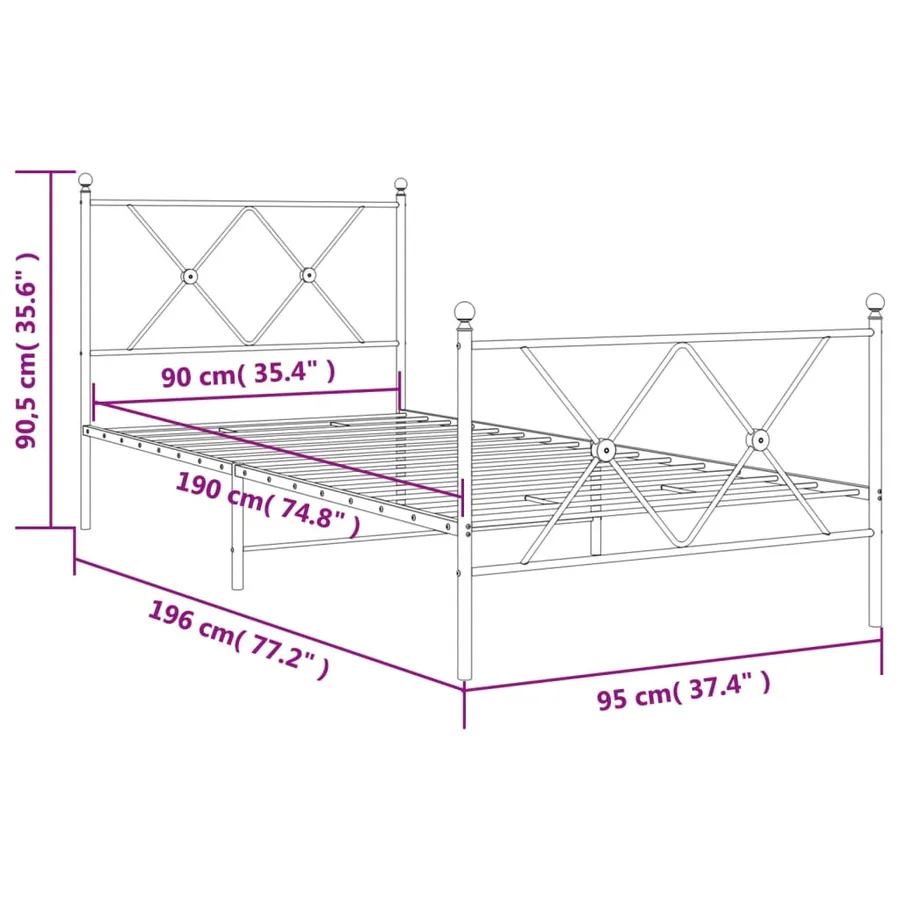 Cadre de lit métal sans matelas avec pied de lit blanc 90x190cm - 8