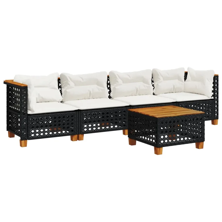 Salon de jardin 5 pcs avec coussins noir résine tressée - 2