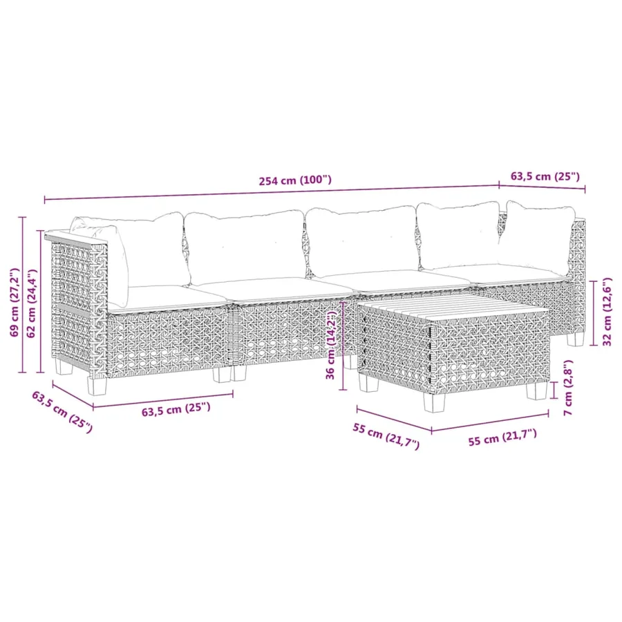 Salon de jardin 5 pcs avec coussins noir résine tressée - 8