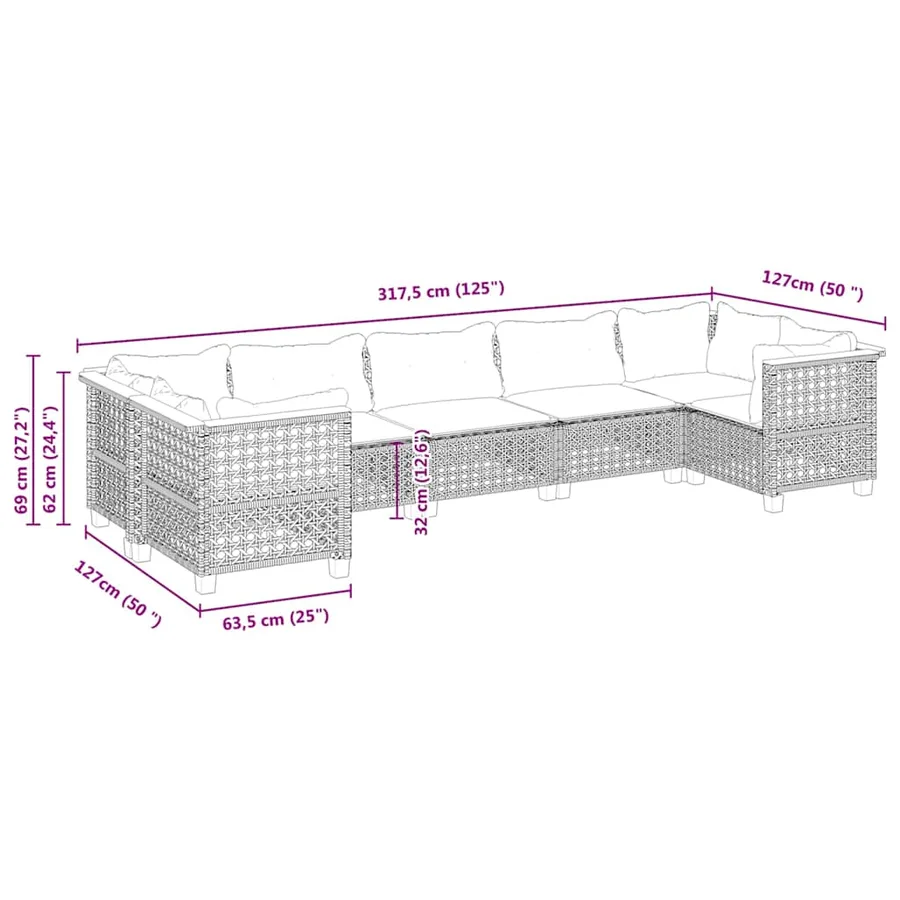Salon de jardin 7 pcs avec coussins noir résine tressée 63,5 x 63,5 x 62 cm - 66,2 kg - 6
