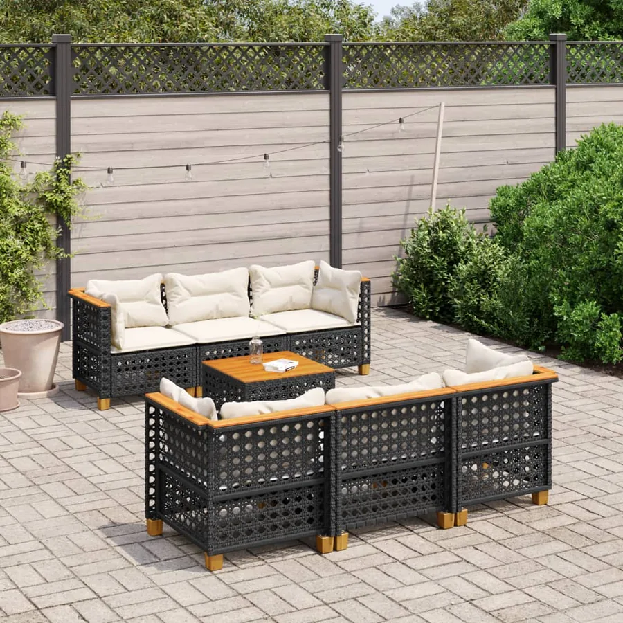 Salon de jardin 7 pcs avec coussins noir résine tressée 63,5 x 63,5 x 62 cm - 64,4 kg