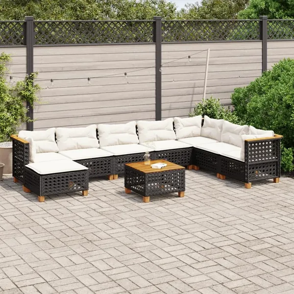 Salon de jardin 9 pcs avec coussins noir résine tressée