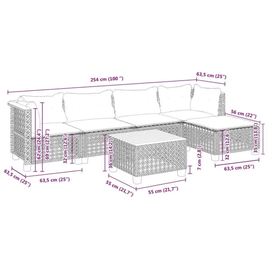 Salon de jardin 6 pcs avec coussins noir résine tressée - 9