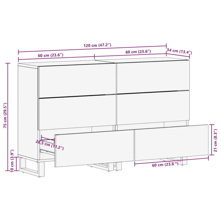 Buffets 2 pcs 60x34x75 cm bois massif de manguier - 12