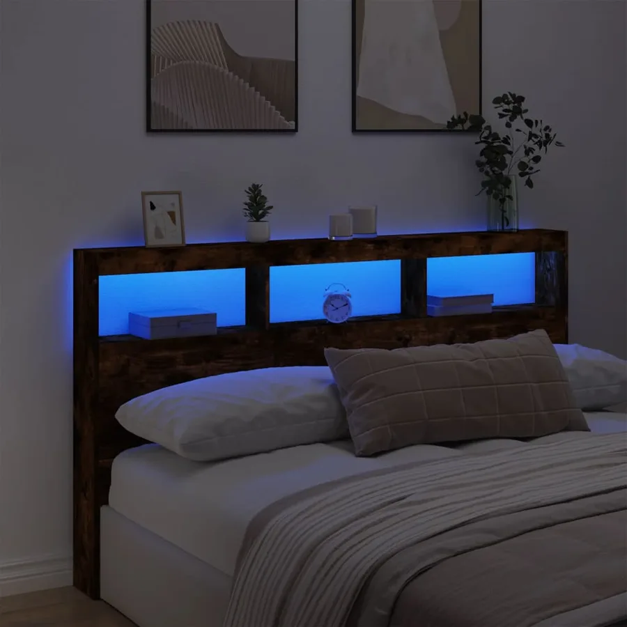 Armoire tête de lit avec LED chêne fumé 180x17x102 cm - 4