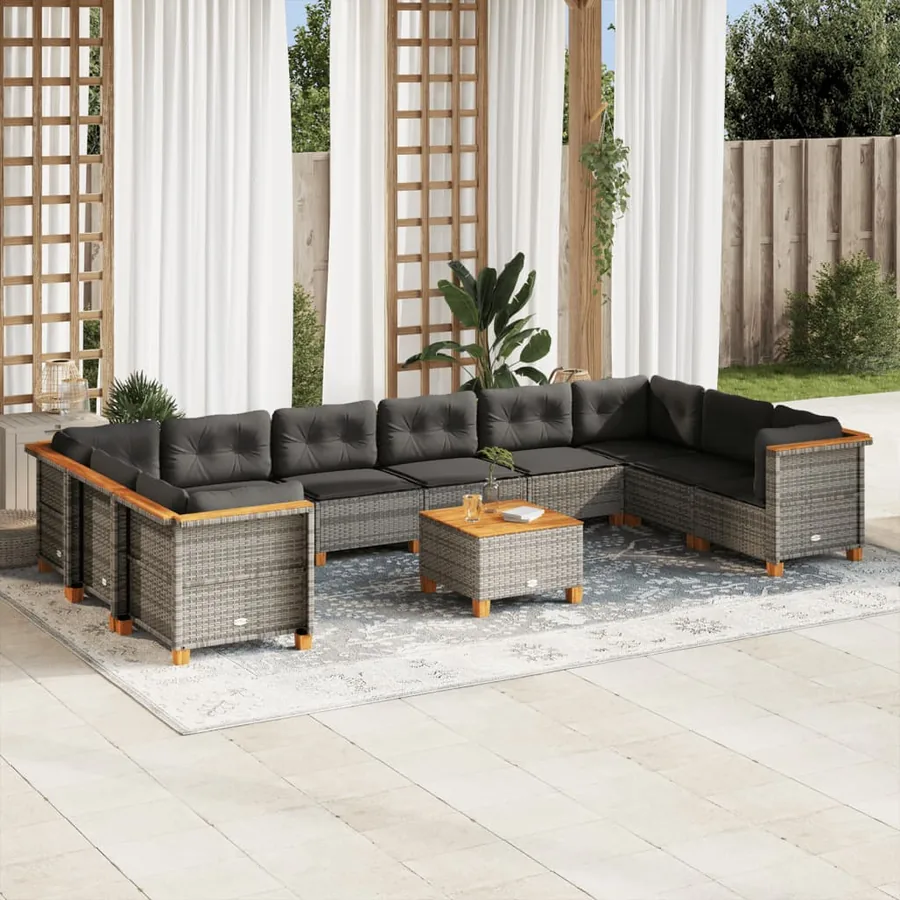 Salon de jardin 11 pcs avec coussins gris résine tressée
