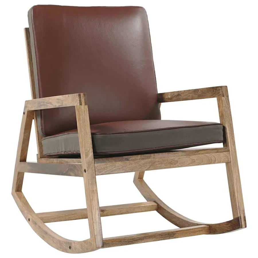 Chaise à bascule Marron Cuir véritable et manguier massif - 3