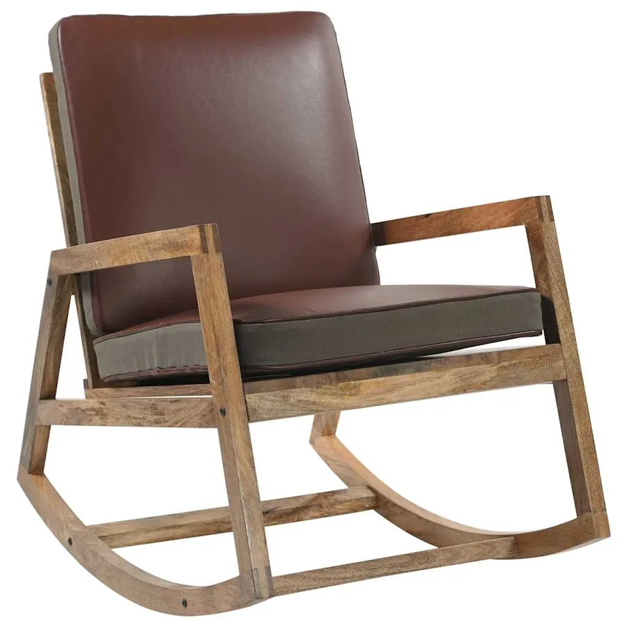 Chaise à bascule Marron Cuir véritable et manguier massif - 4