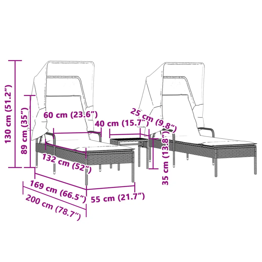 Chaises longues lot de 2 avec auvents et table gris clair rotin - 10