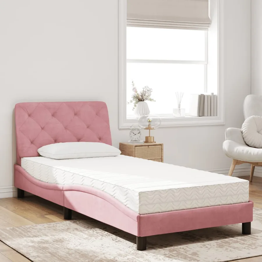 Lit avec matelas rose 90x190 cm velours - 3