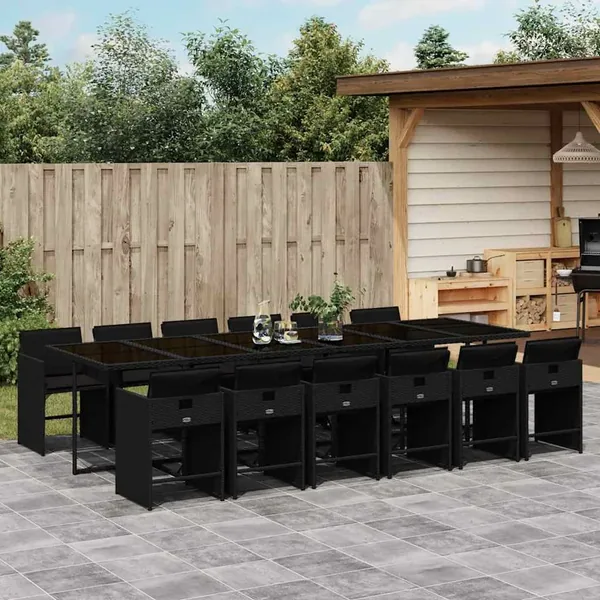 Ensemble à manger de jardin 13 pcs coussins noir résine tressée