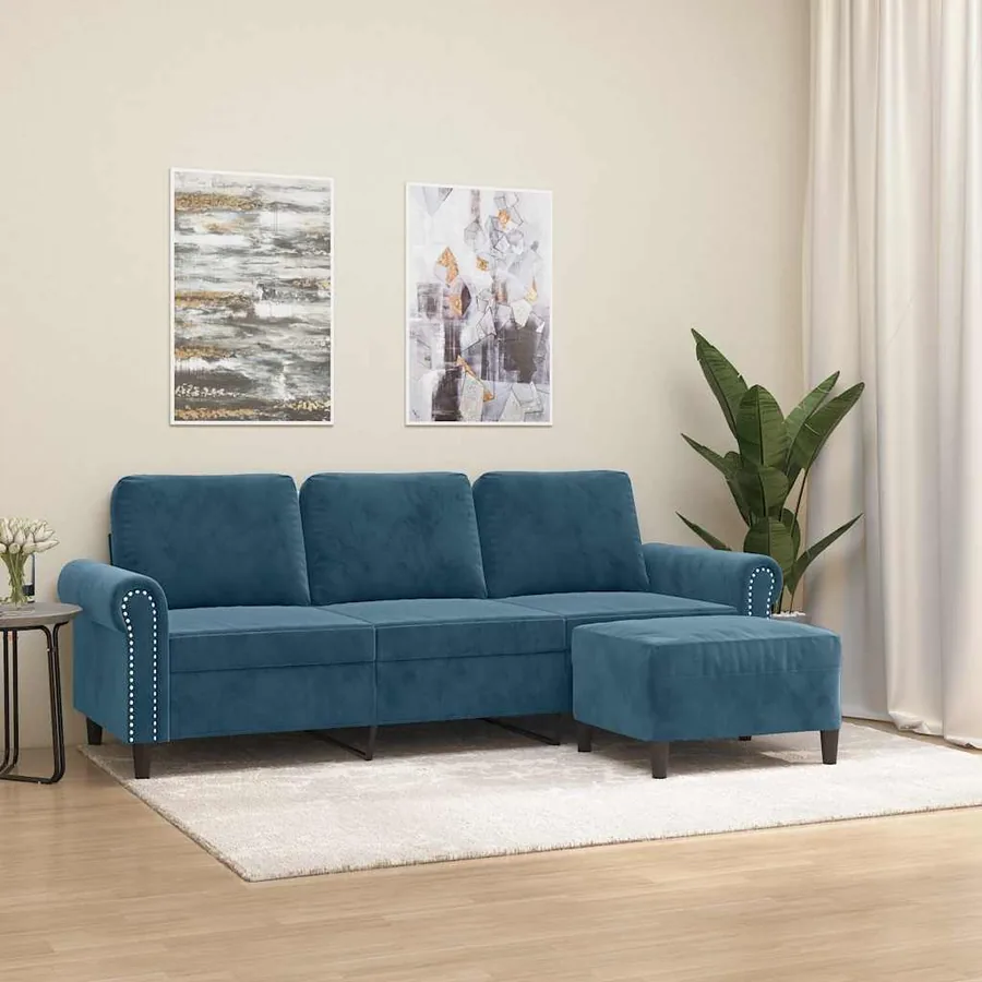 Canapé à 3 places avec repose-pieds Bleu 180 cm Velours
