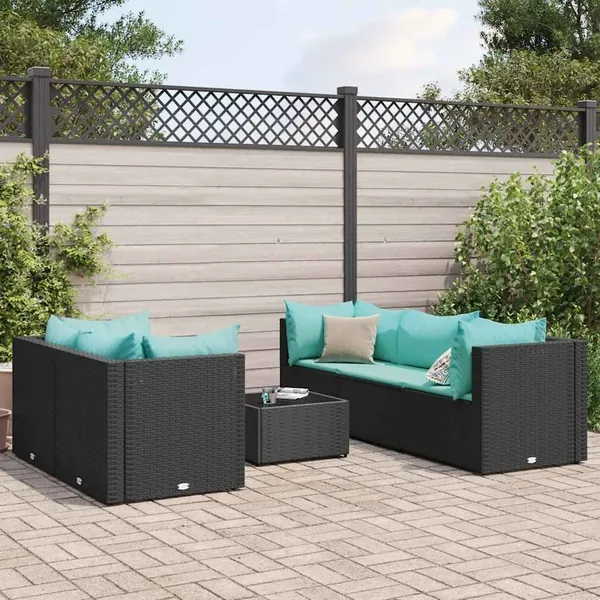 Salon de jardin 6 pcs avec coussins Noir Résine tressée