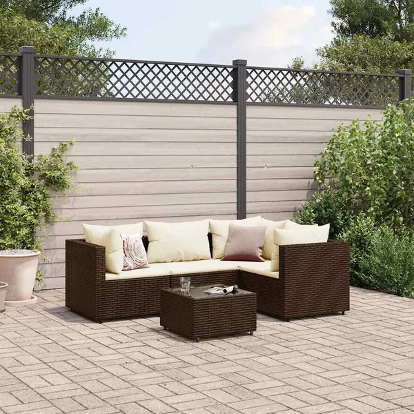 Salon de jardin 5 pcs avec coussins Marron Résine tressée
