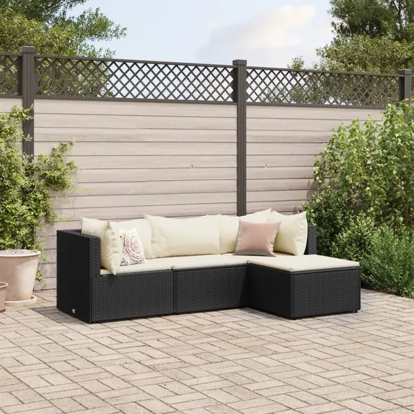 Salon de jardin 4 pcs avec coussins Noir Résine tressée