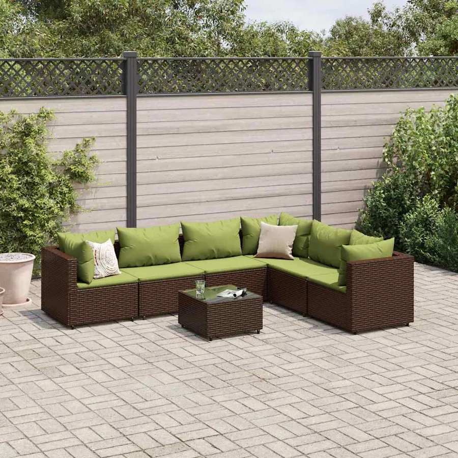 Salon de jardin avec coussins 7 pcs marron résine tressée