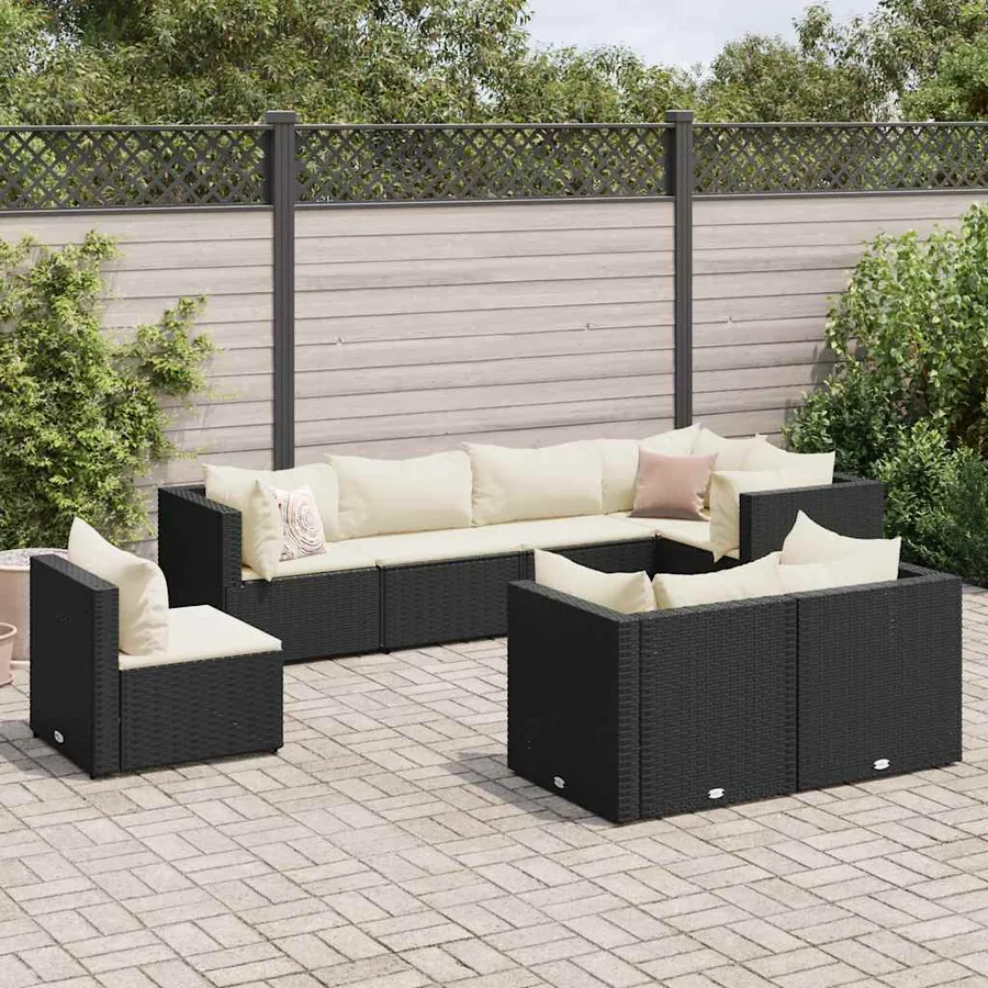 Salon de jardin 8 pcs avec coussins noir résine tressée