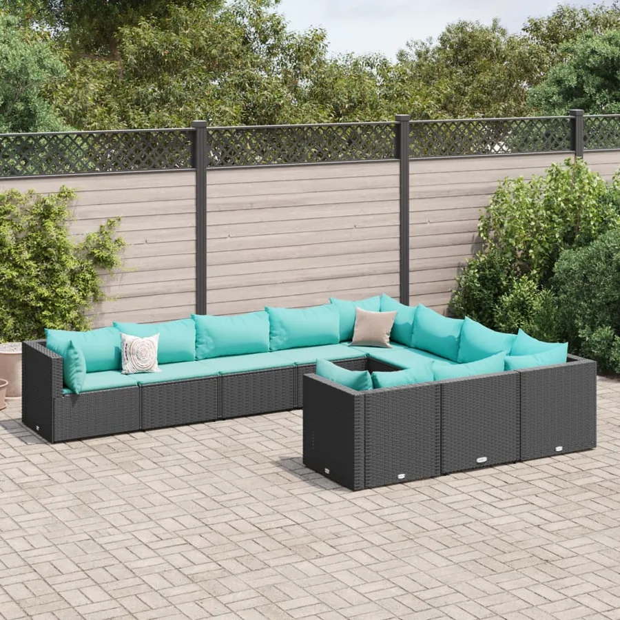 Salon de jardin 10 pcs avec coussins noir résine tressée
