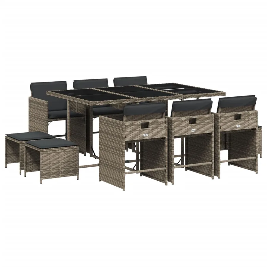 Ensemble à manger de jardin 11pcs avec coussins gris poly rotin - 2