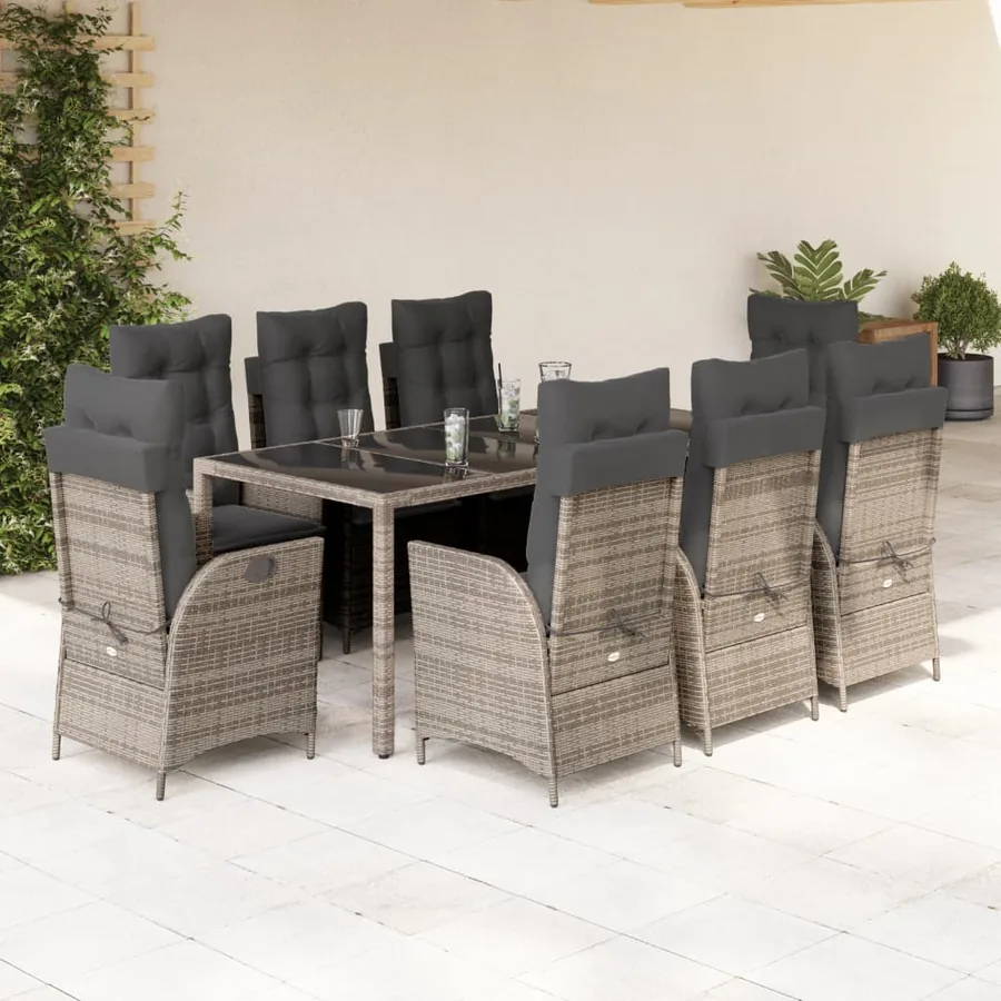 Ensemble à manger de jardin 9 pcs coussins gris résine tressée