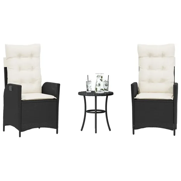 Ensemble de bistro 3 pcs avec coussins noir résine tressée