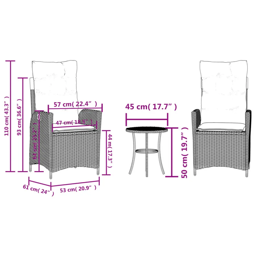 Ensemble de bistro 3 pcs avec coussins noir résine tressée - 15