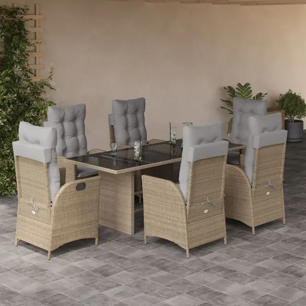 Ensemble à manger de jardin coussins 7 pcs mélange beige rotin