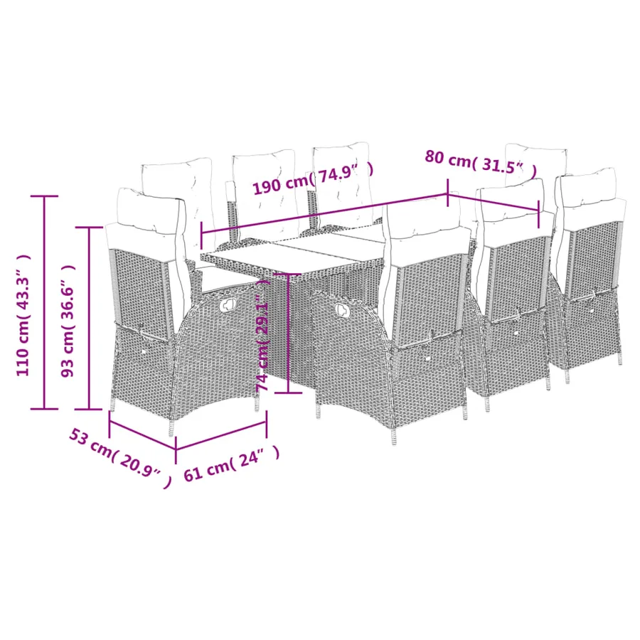 Ensemble à manger de jardin et coussins 9 pcs marron poly rotin - 9