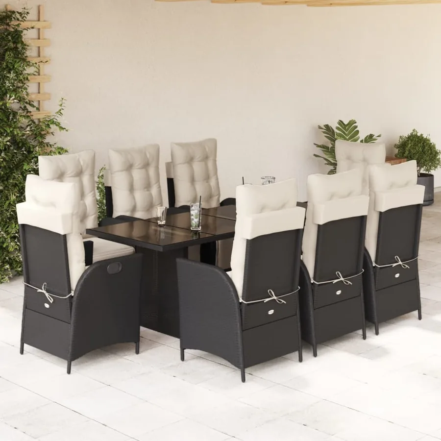 Ensemble à manger de jardin 9pcs coussins noir résine tressée