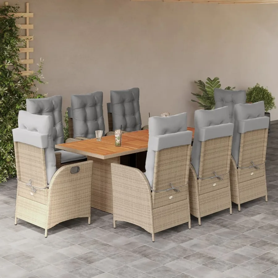 Ensemble à manger de jardin et coussins 9 pcs mélange beige