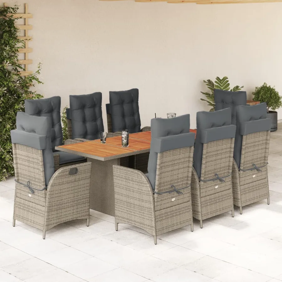Ensemble à manger de jardin 9 pcs coussins gris résine tressée