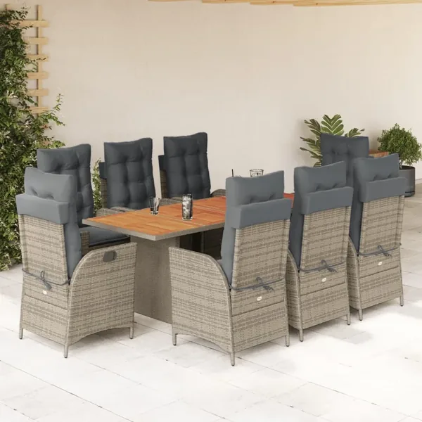 Ensemble à manger de jardin 9 pcs coussins gris résine tressée