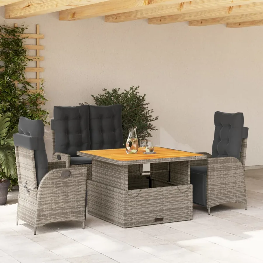 Ensemble à manger jardin 4pcs et coussins Gris Résine tressée