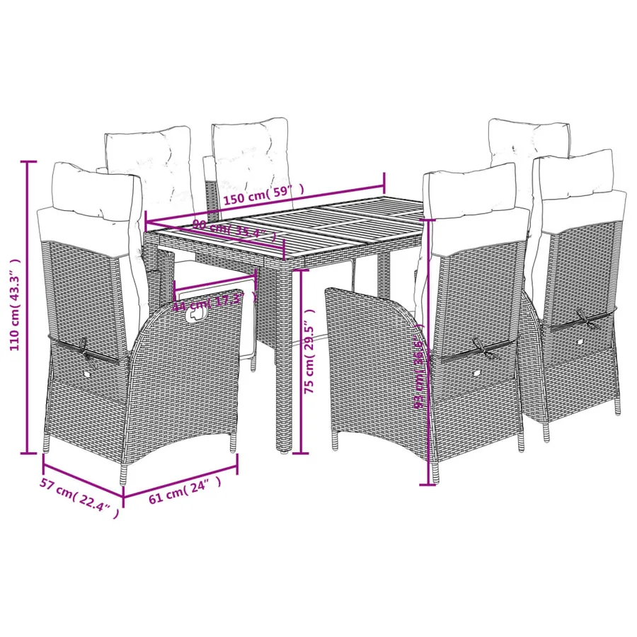 Ensemble à manger de jardin et coussins 7 pcs gris rotin - 9