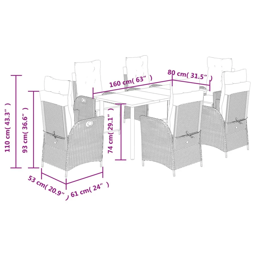 Ensemble à manger de jardin et coussins 7 pcs marron rotin - 9