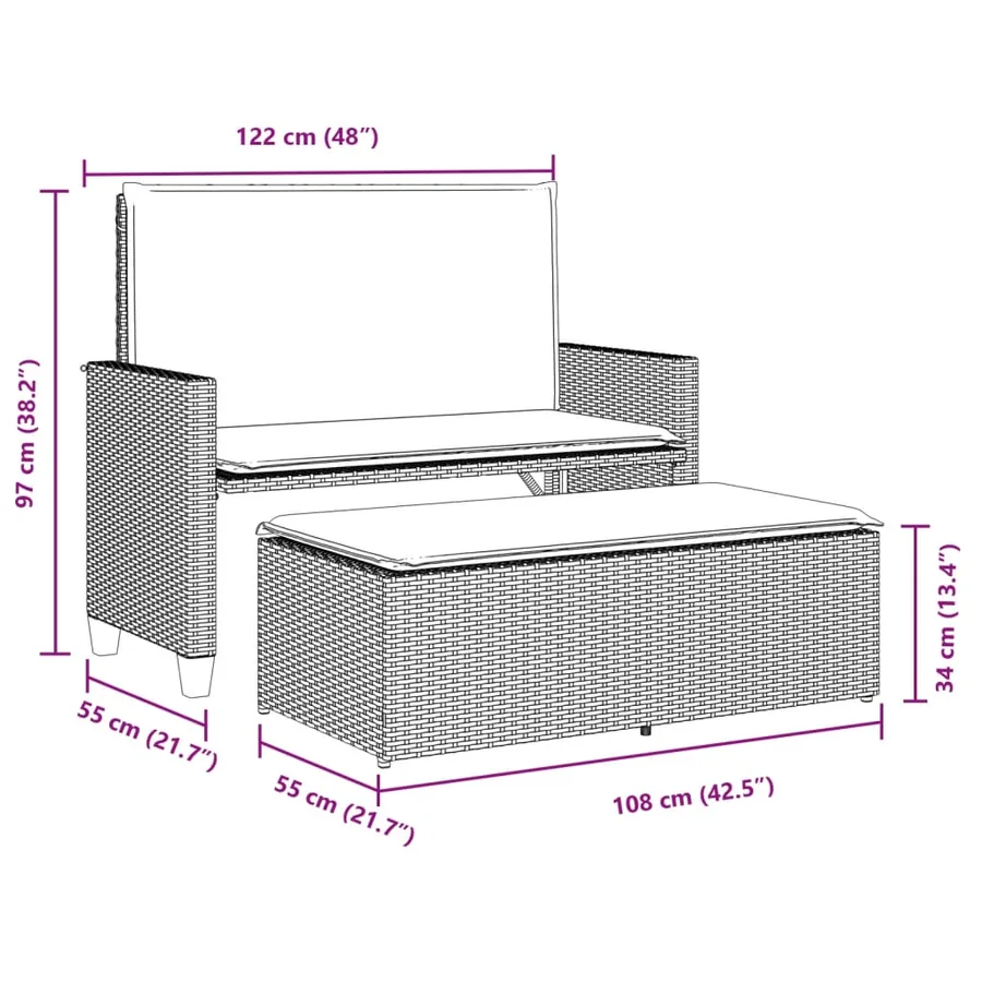 Banc de jardin avec coussins et repose-pied gris résine tressée - 10