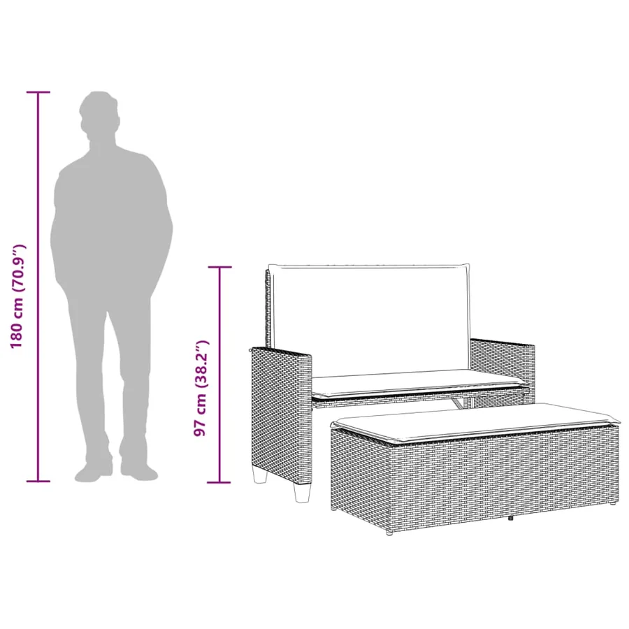 Banc de jardin avec coussins et repose-pied gris résine tressée - 11