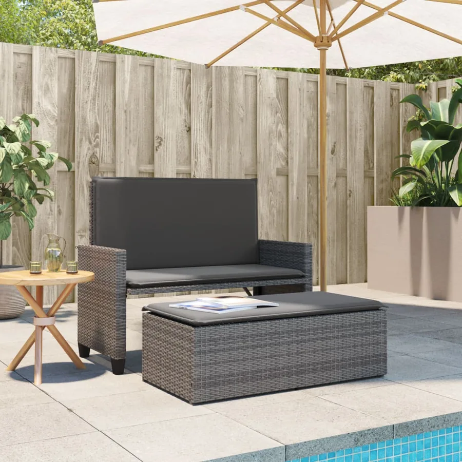 Banc de jardin avec coussins et repose-pied gris résine tressée - 3