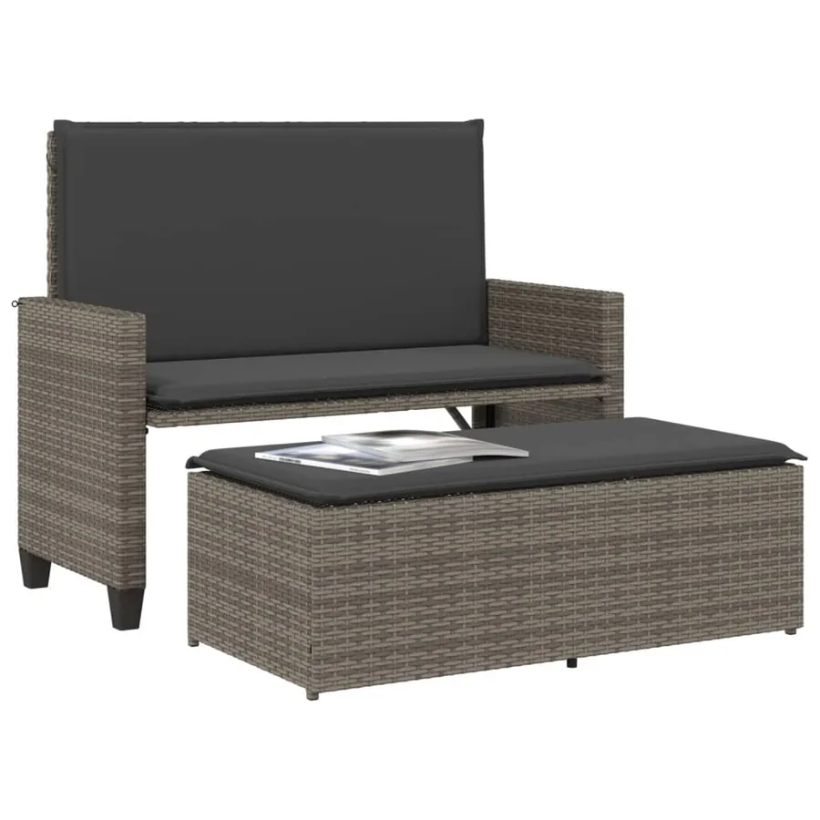 Banc de jardin avec coussins et repose-pied gris résine tressée - 4